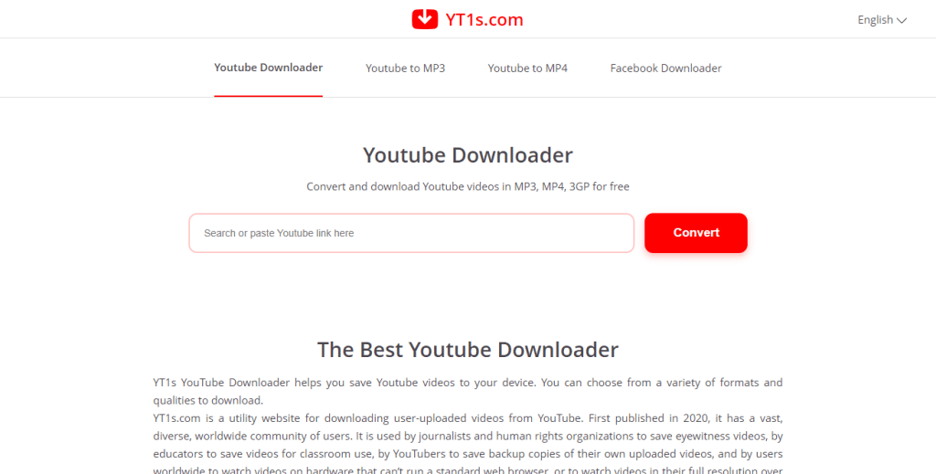 Página de inicio del descargador de videos de YouTube