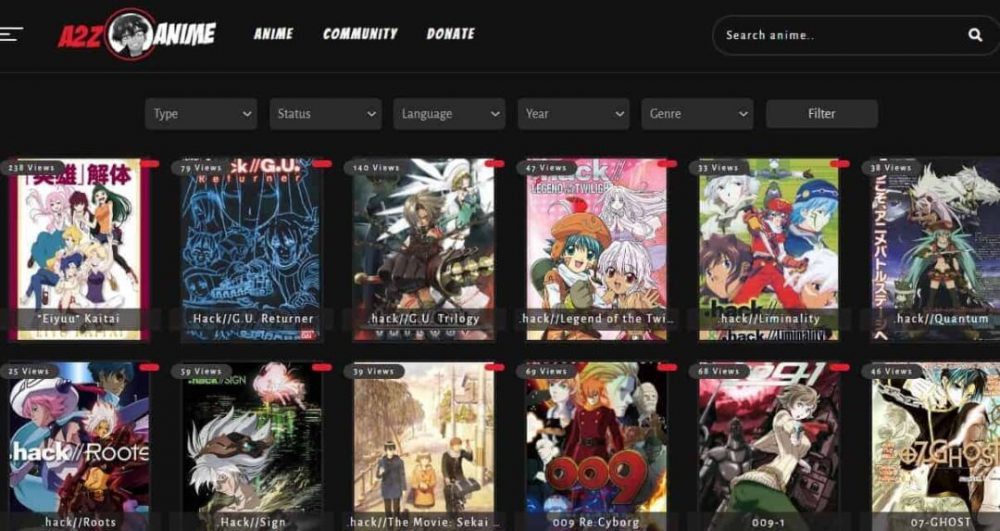 Page d'accueil du site A2ZAnime