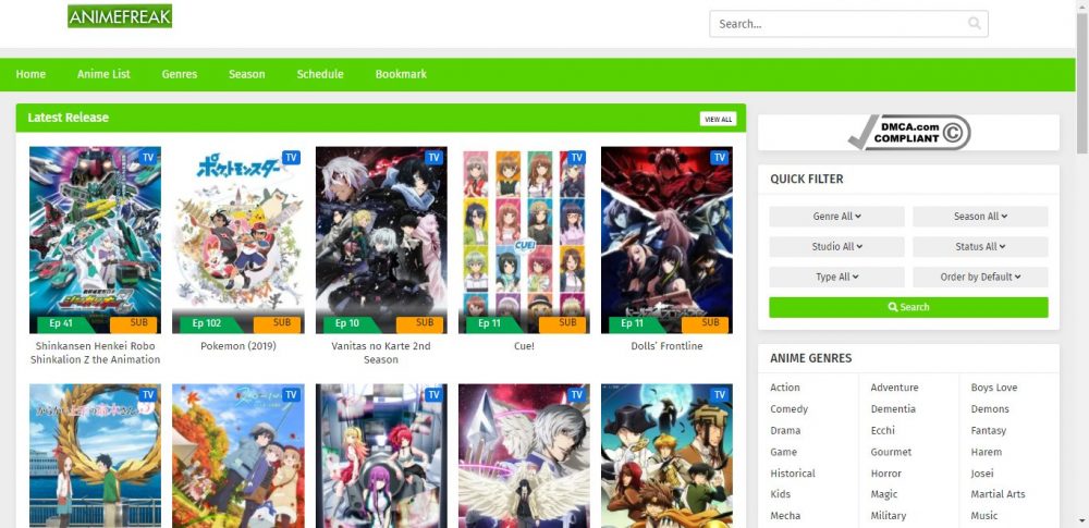 Page d'accueil du site Anime Freak