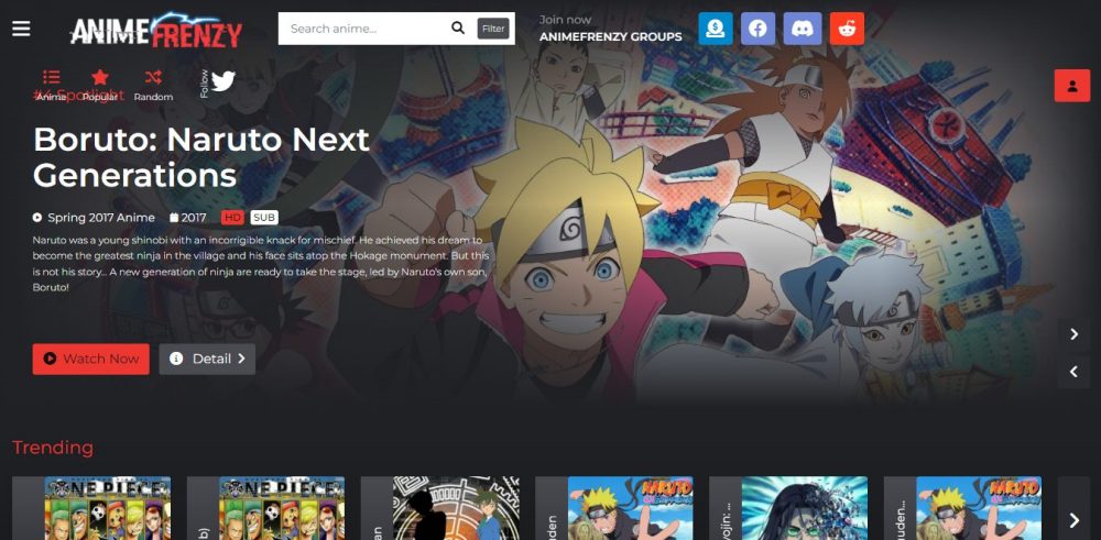 Página de inicio del sitio web Anime Frenzy