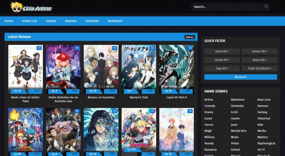 Página de inicio del sitio web de Chia Anime