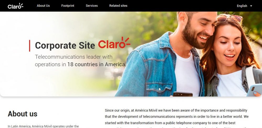Captura de pantalla de la página de inicio del sitio web de Claro