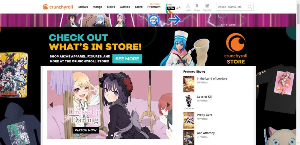 Página de inicio del sitio web de Crunchyroll
