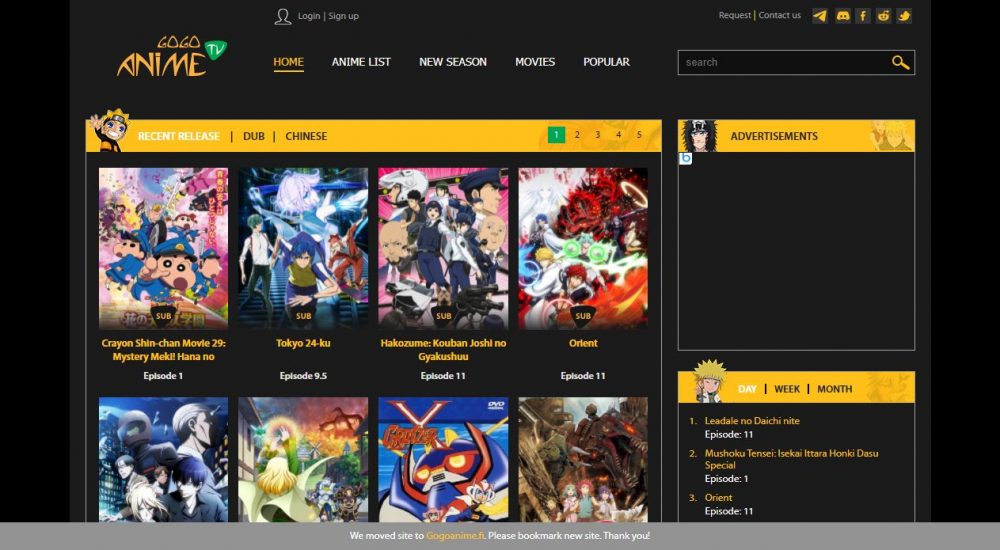 Página de inicio del sitio web de Gogoanime