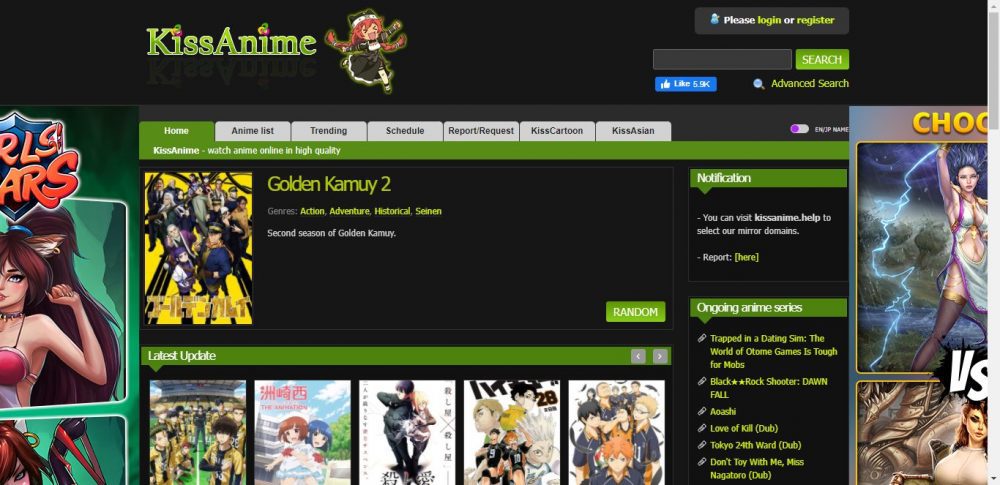 Página de inicio del sitio web de Kissanime