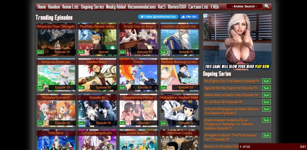 Animewatcher website homepage