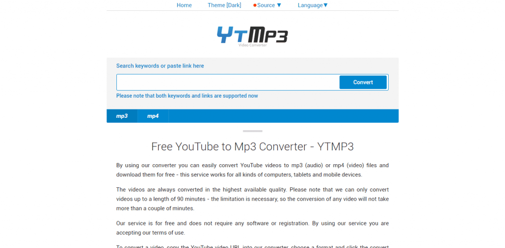 Captura de pantalla de la página de inicio del sitio web de YTMP3