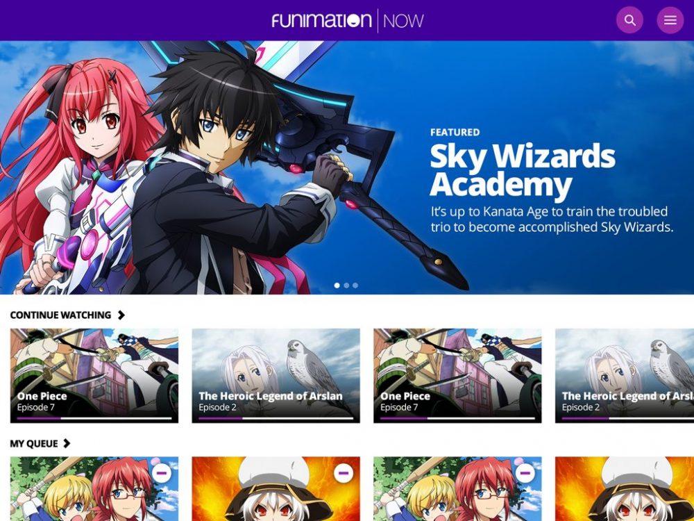 Página de inicio del sitio web de Funimation