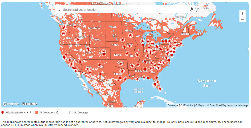 Mapa de cobertura de Verizon